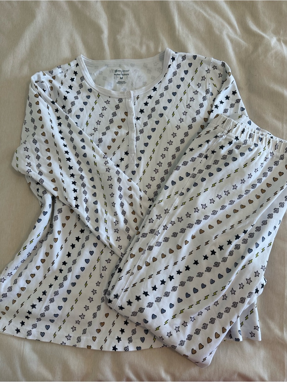 Roller Rabbit White Button-Front Pajama Set with Black, Brown & Yellow Motifs